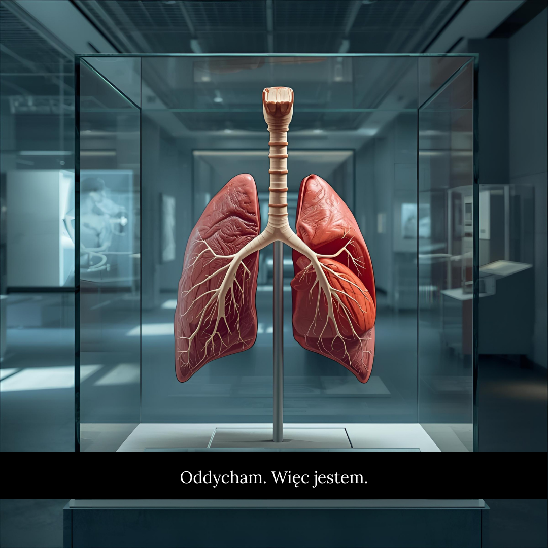 Model anatomiczny ludzkich płuc wraz z tchawicą i dużymi naczyniami krwionośnymi, umieszczony w szklanej gablocie muzealnej. Płuca ukazane są w realistycznych barwach, z widoczną siecią oskrzeli i naczyń. Na dole obrazu widnieje napis „Oddycham. Więc jestem.”